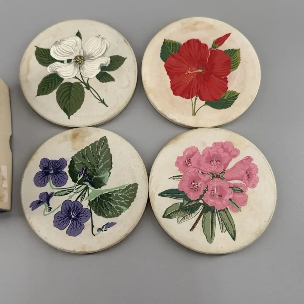 Vintage CoasterStone Floral Sandstone Coaster Set of 4 With Original Box